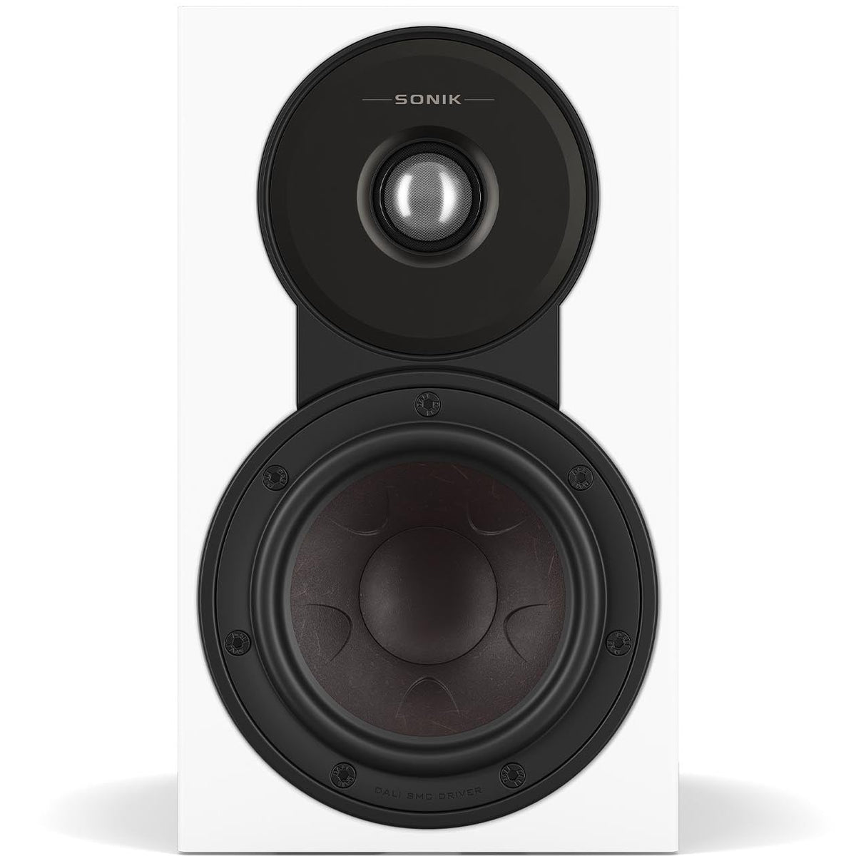DALI Sonik 1 passive bookshelf speakers with black finish, compact design, and front grille for high-quality audio performance.