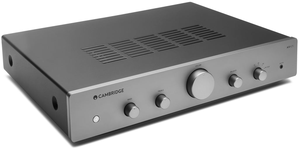Cambridge Audio AXA25 integrated stereo amplifier, black, front view