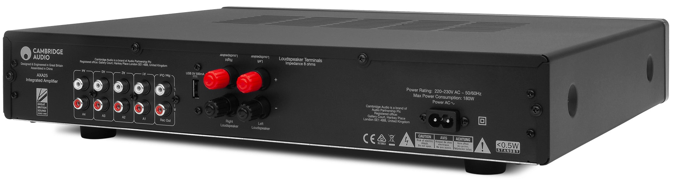 Cambridge Audio AXA25 integrated stereo amplifier, black, front view