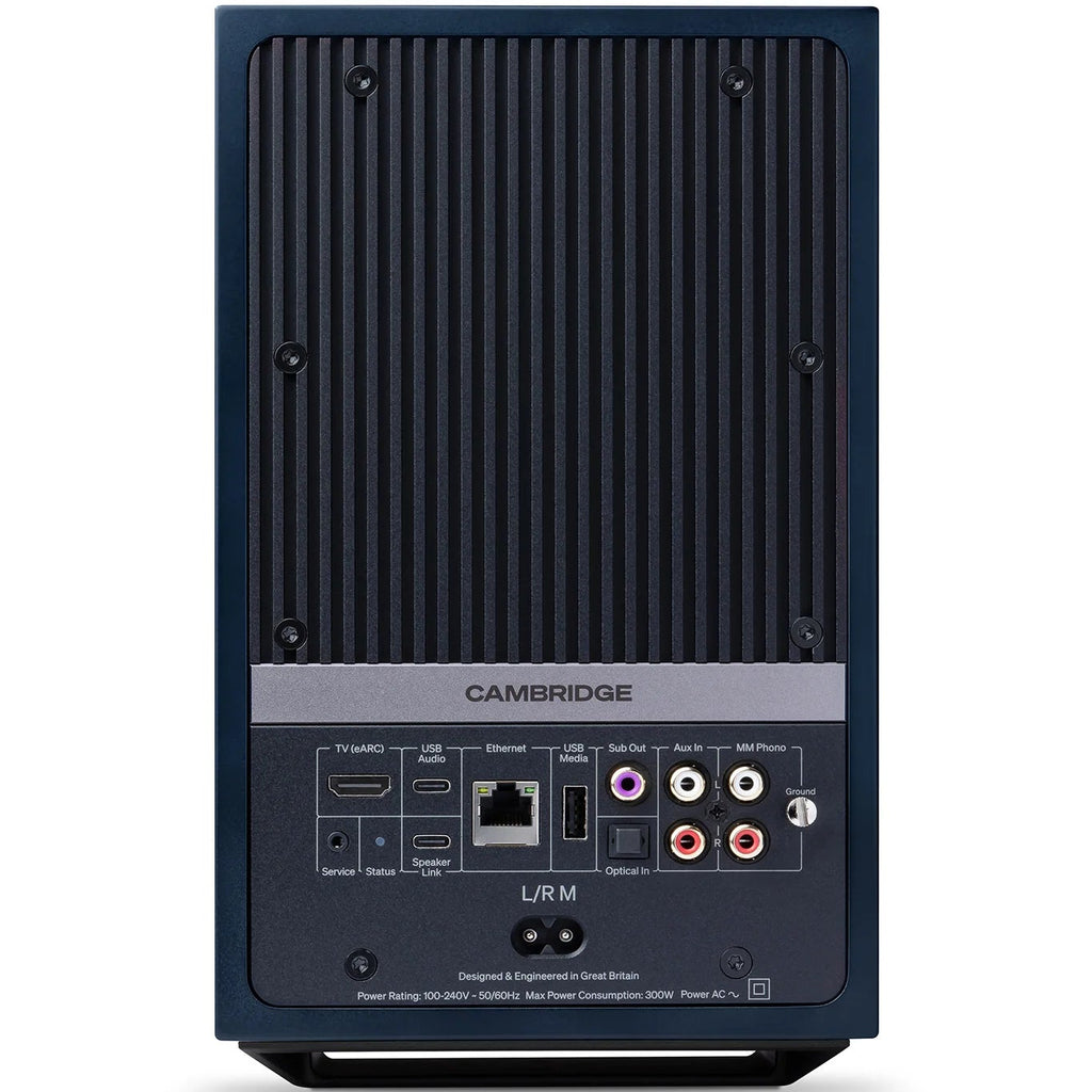 Cambridge Audio L/R M active bookshelf speakers, blue, front view