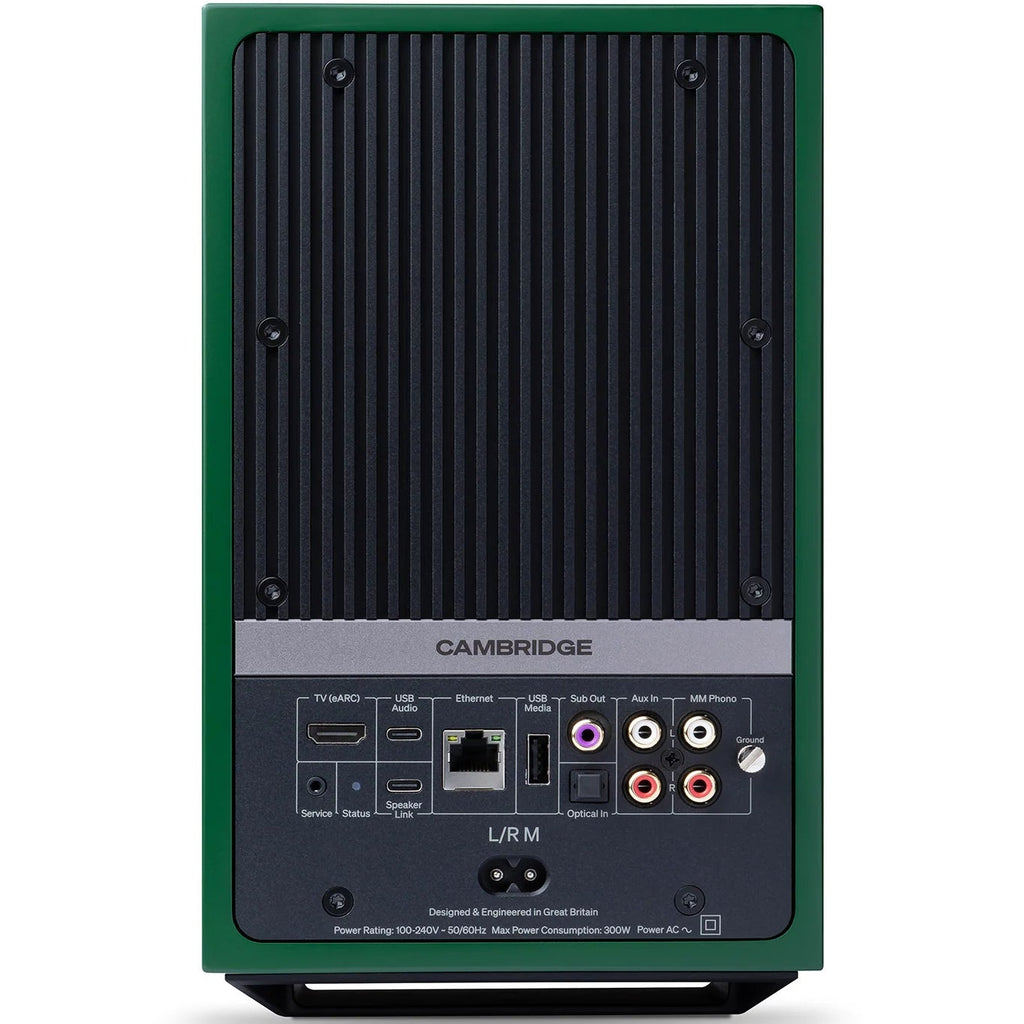 Cambridge Audio L/R M active bookshelf speakers, green, front view