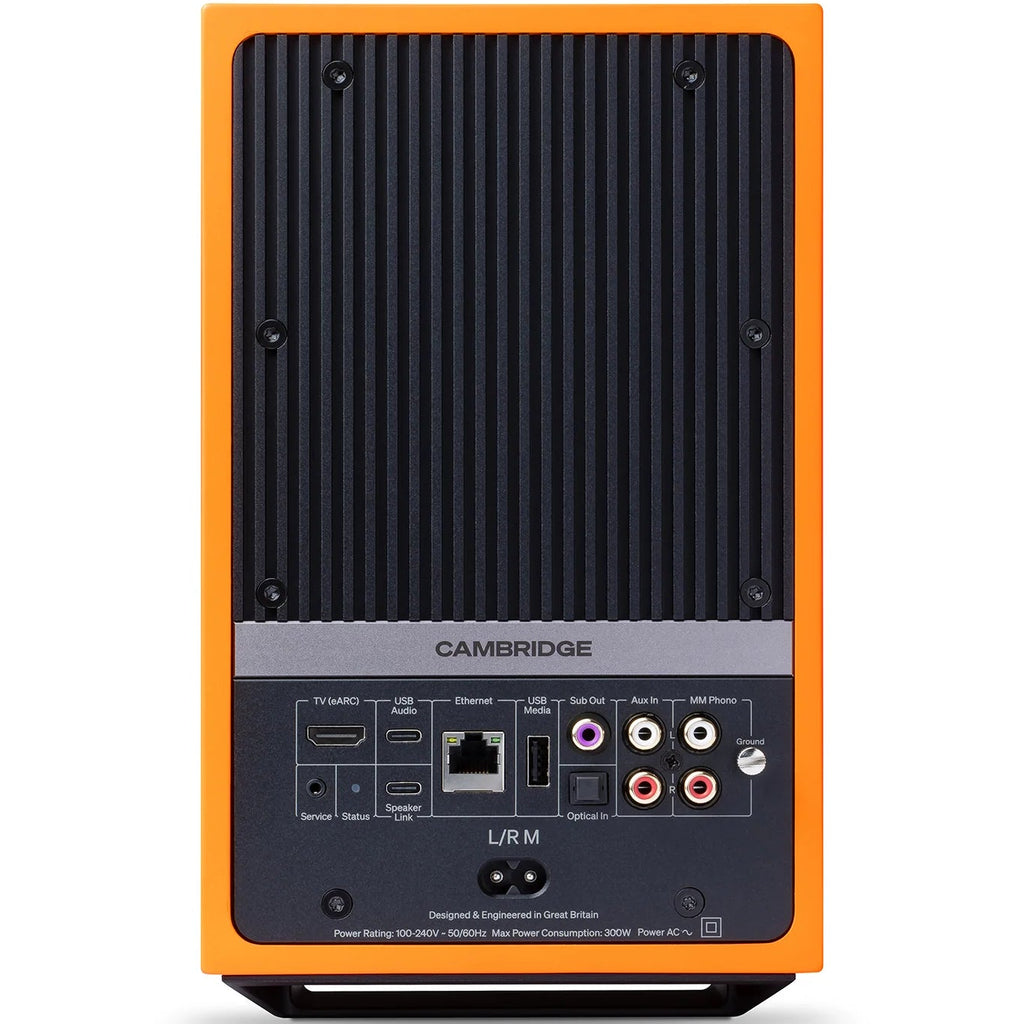 Cambridge Audio L/R M active bookshelf speakers, orange, front view