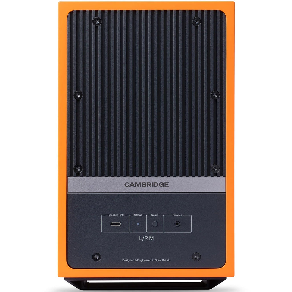 Cambridge Audio L/R M active bookshelf speakers, orange, front view