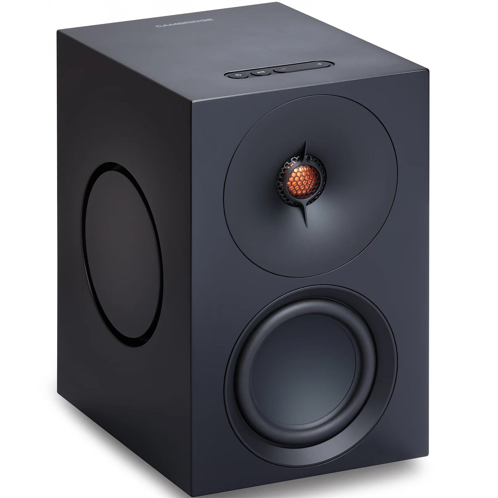 Cambridge Audio L/R M active bookshelf speakers, black, front view