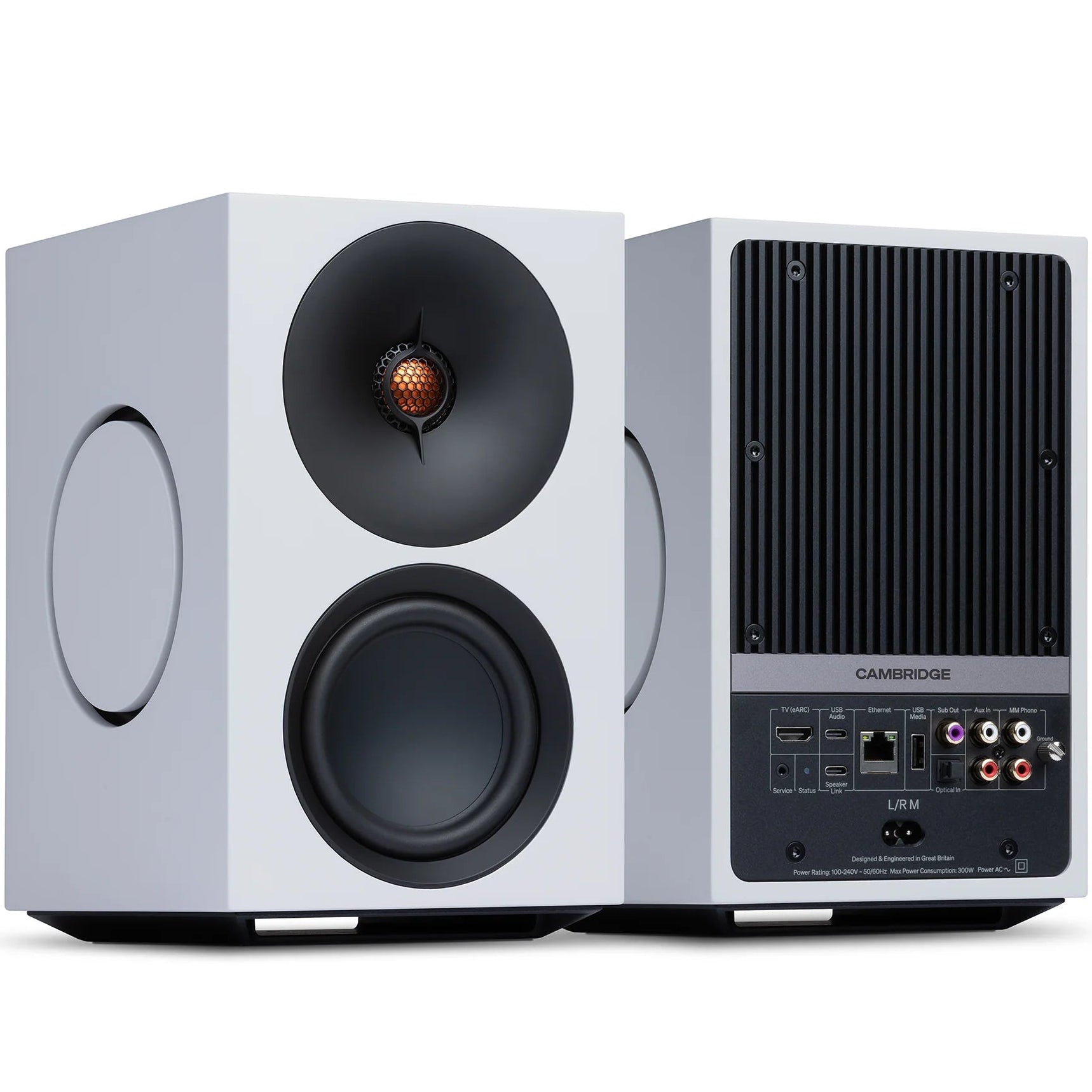 Cambridge Audio L/R M active bookshelf speakers, white, front view