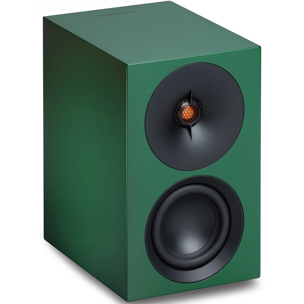 Cambridge Audio L/R S active bookshelf speakers, green, front view