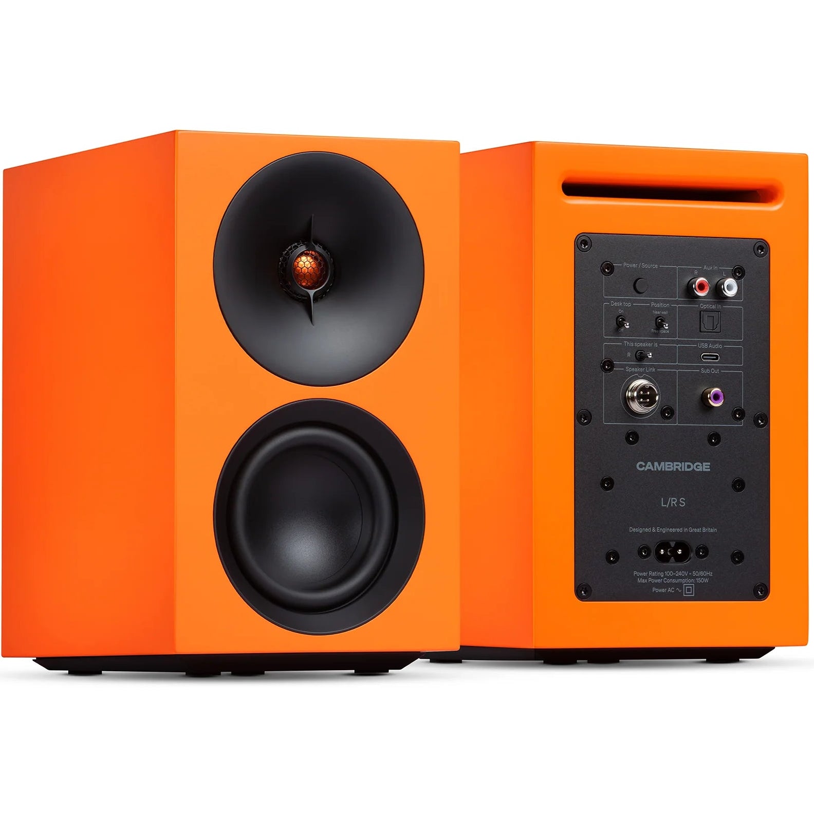 Cambridge Audio L/R S active bookshelf speakers, orange, front view