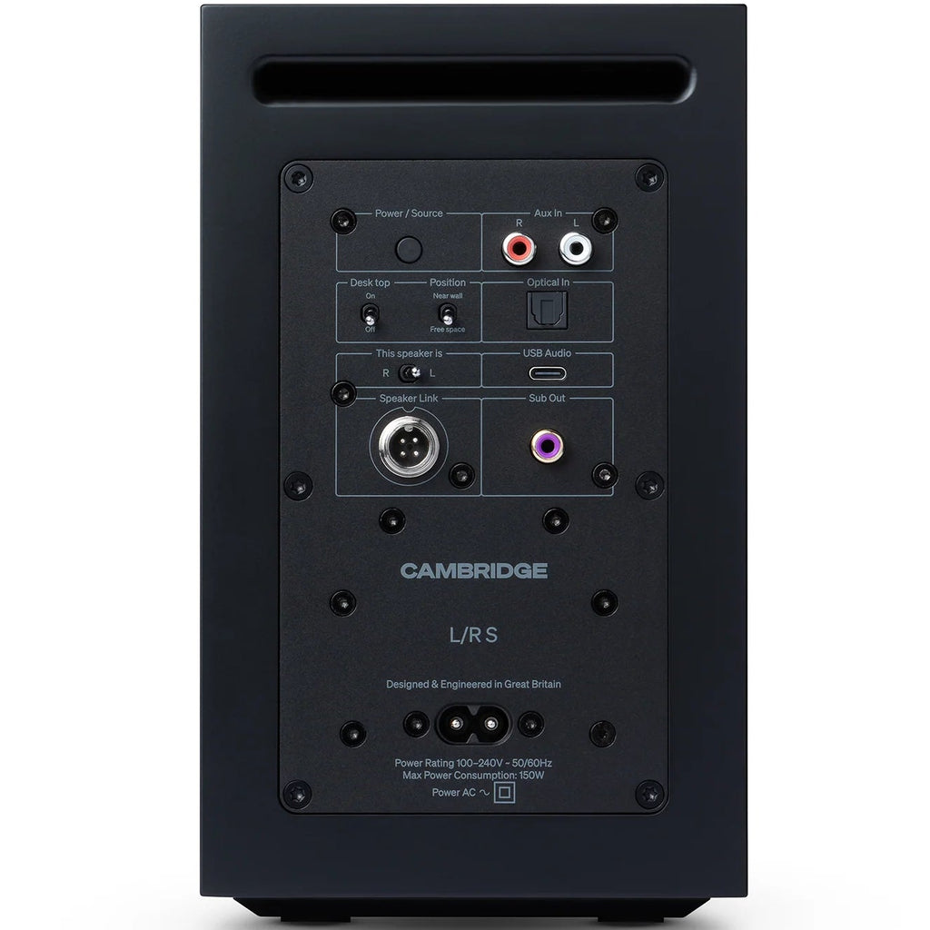 Cambridge Audio L/R S active bookshelf speakers, black, front view