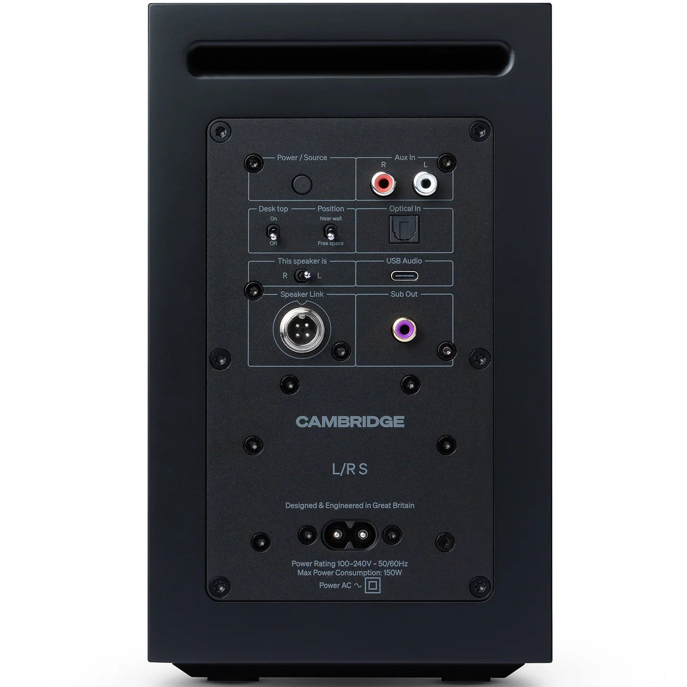 Cambridge Audio L/R S active bookshelf speakers, black, front view