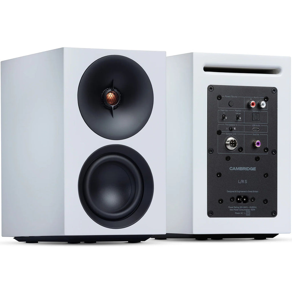 Cambridge Audio L/R S active bookshelf speakers, white, front view