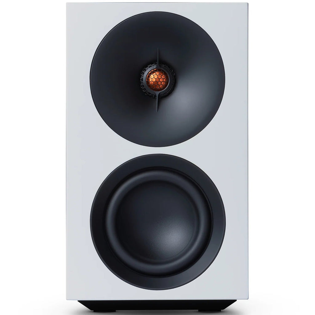 Cambridge Audio L/R S active bookshelf speakers, white, front view