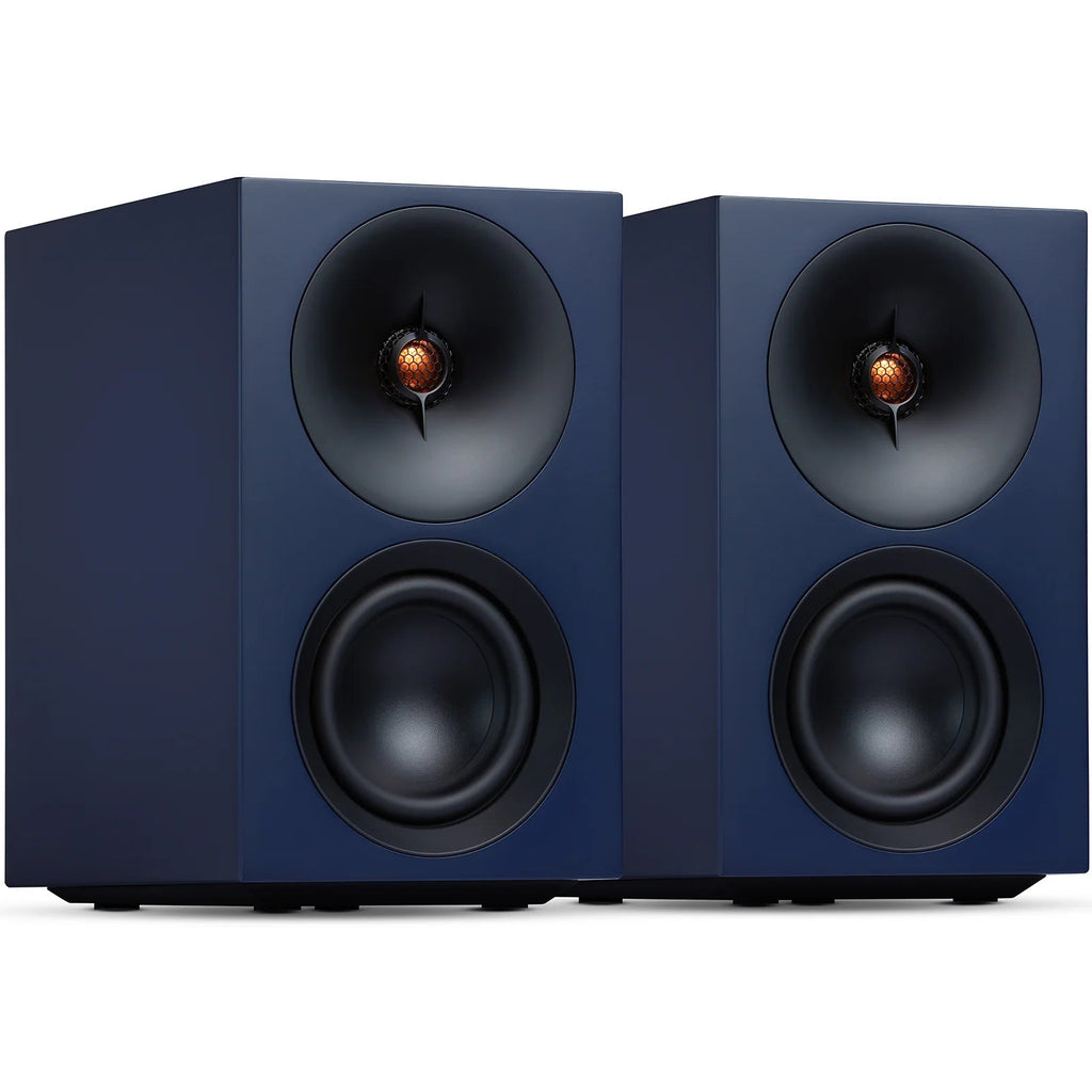 Cambridge Audio L/R S active bookshelf speakers, blue, front view