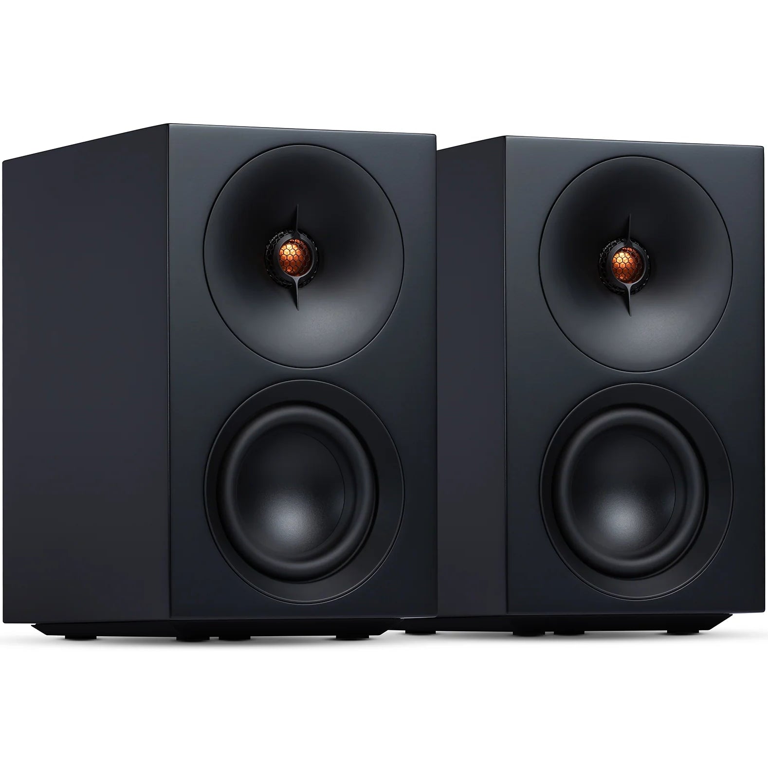 Cambridge Audio L/R S active bookshelf speakers, black, front view