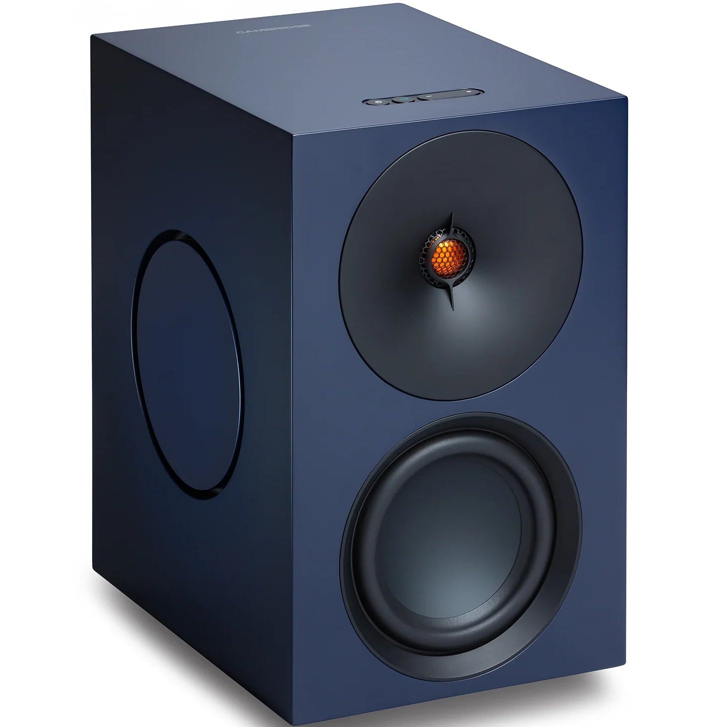 Cambridge Audio L/R X active bookshelf speakers, blue, front view