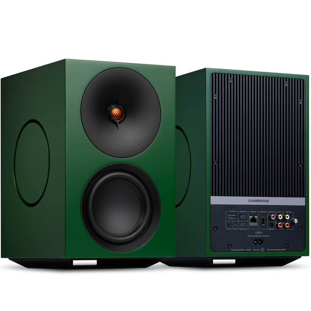 Cambridge Audio L/R X active bookshelf speakers, green, front view