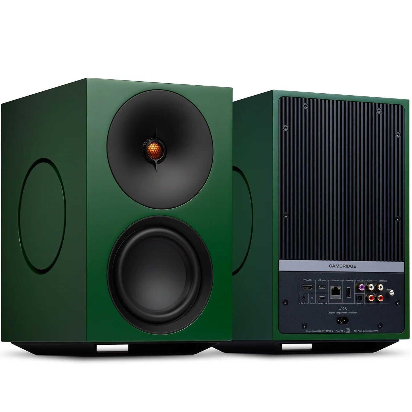 Cambridge Audio L/R X active bookshelf speakers, green, front view