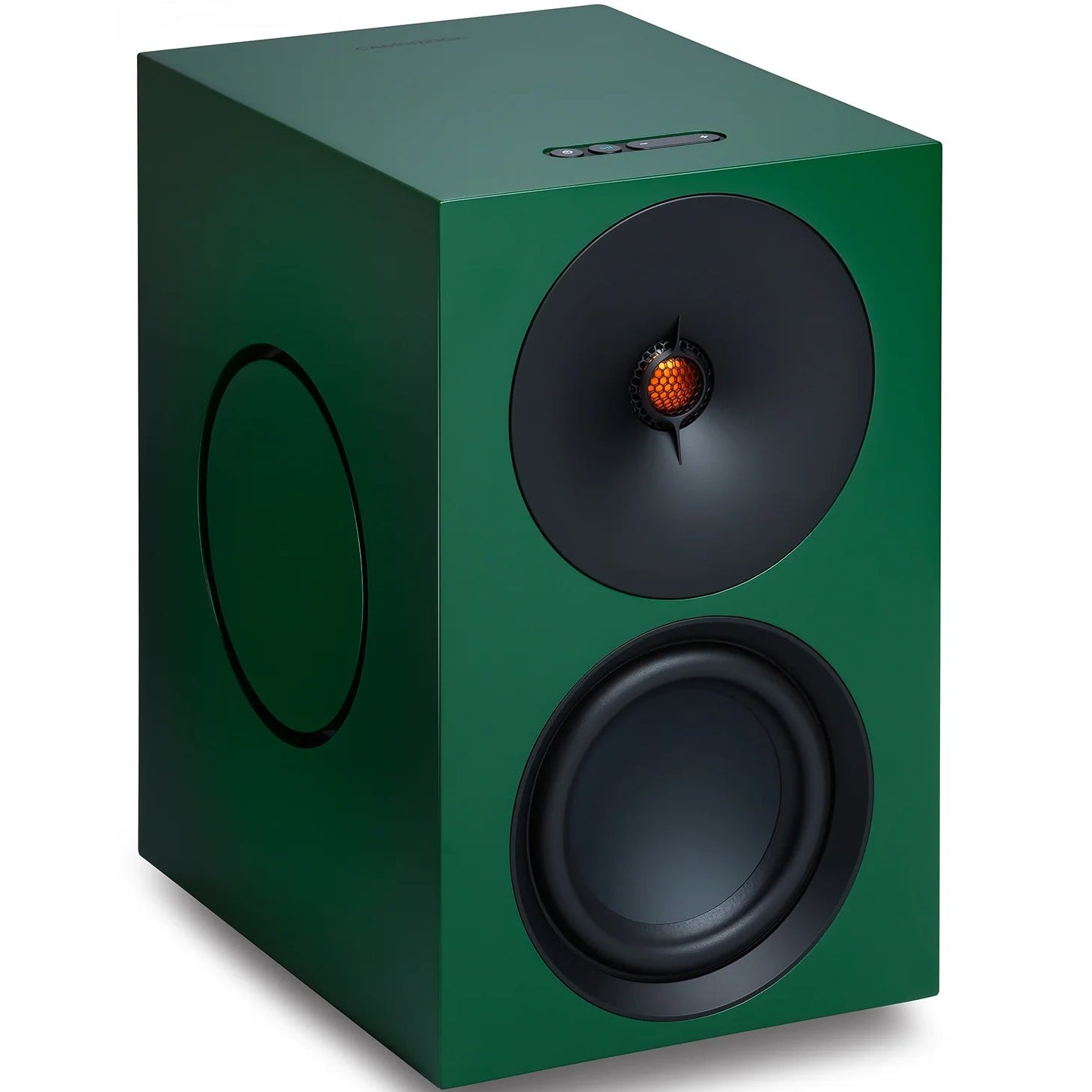 Cambridge Audio L/R X active bookshelf speakers, green, front view