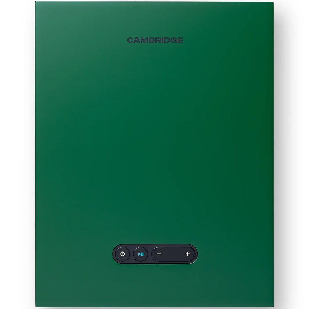 Cambridge Audio L/R X active bookshelf speakers, green, front view