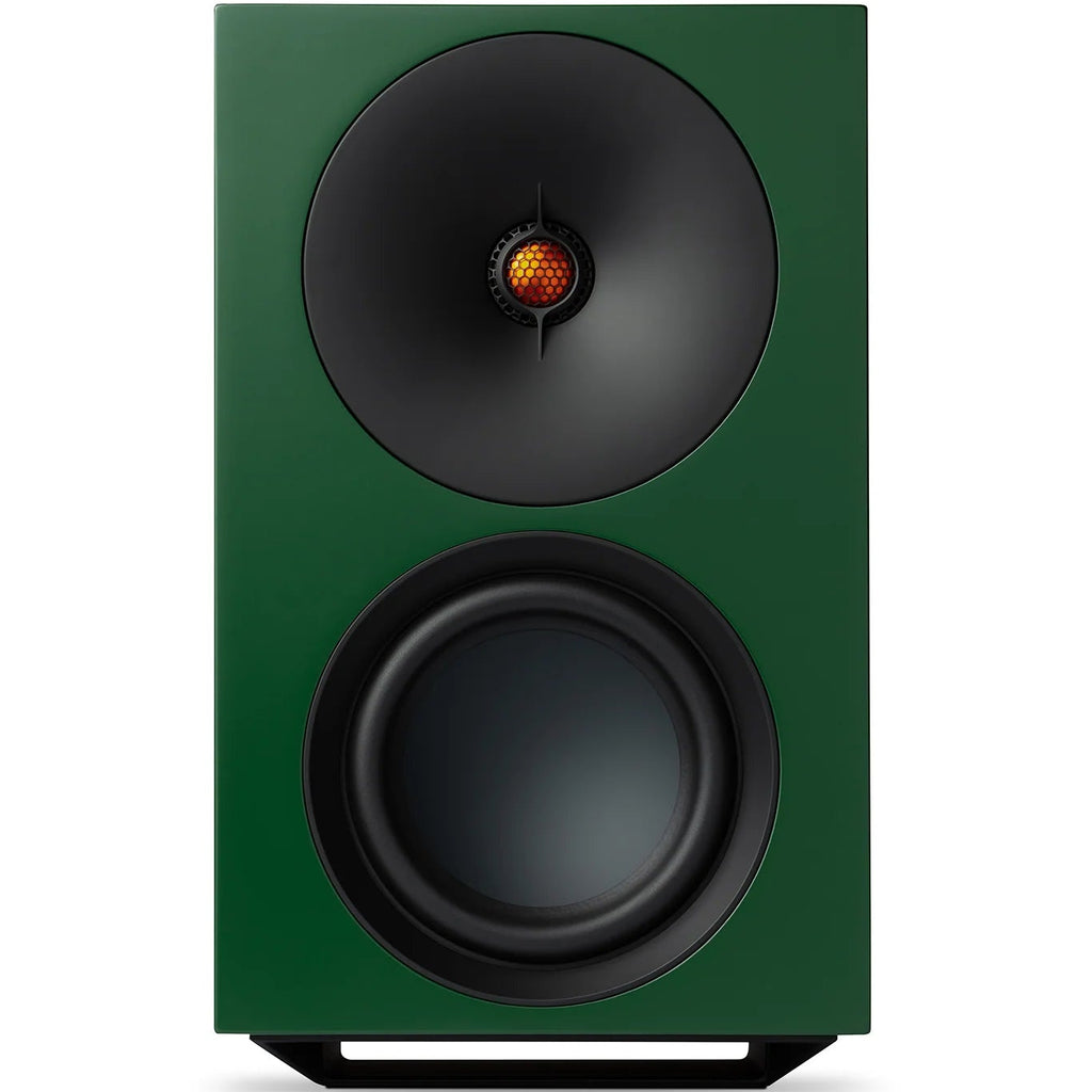 Cambridge Audio L/R X active bookshelf speakers, green, front view