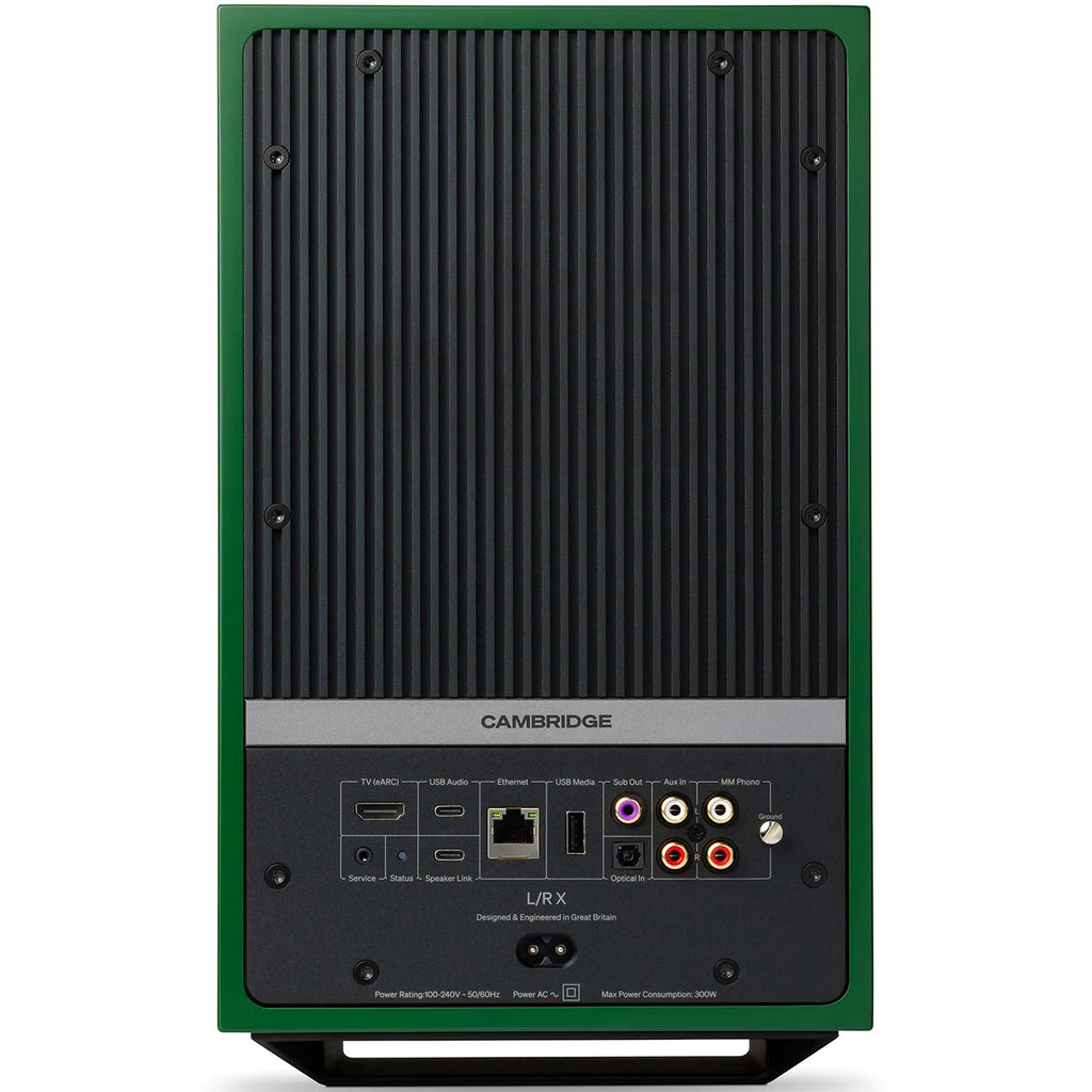Cambridge Audio L/R X active bookshelf speakers, green, front view