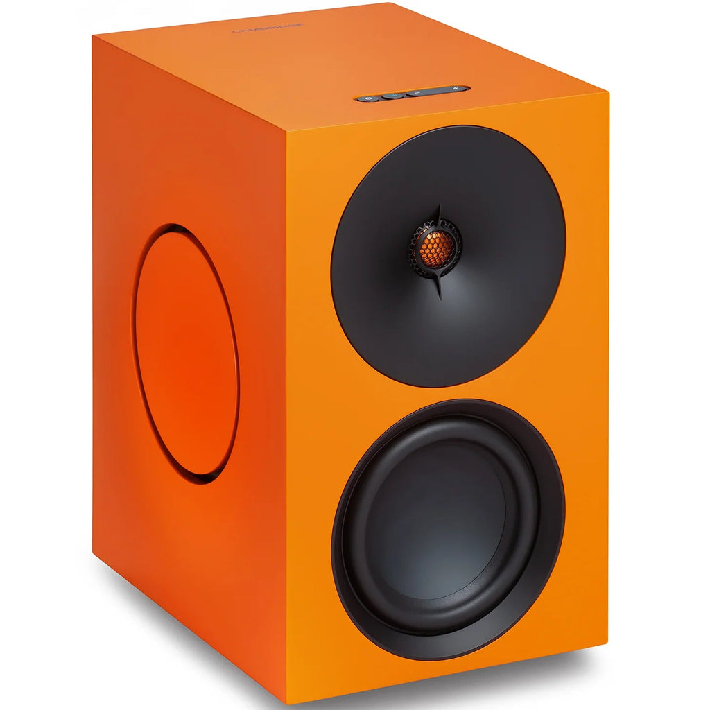 Cambridge Audio L/R X active bookshelf speakers, orange, front view