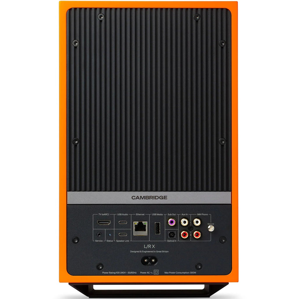 Cambridge Audio L/R X active bookshelf speakers, orange, front view