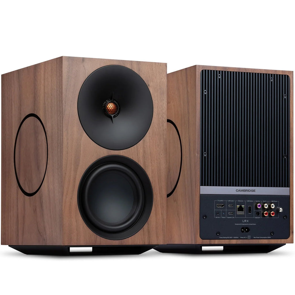 Cambridge Audio L/R X active bookshelf speakers, front view