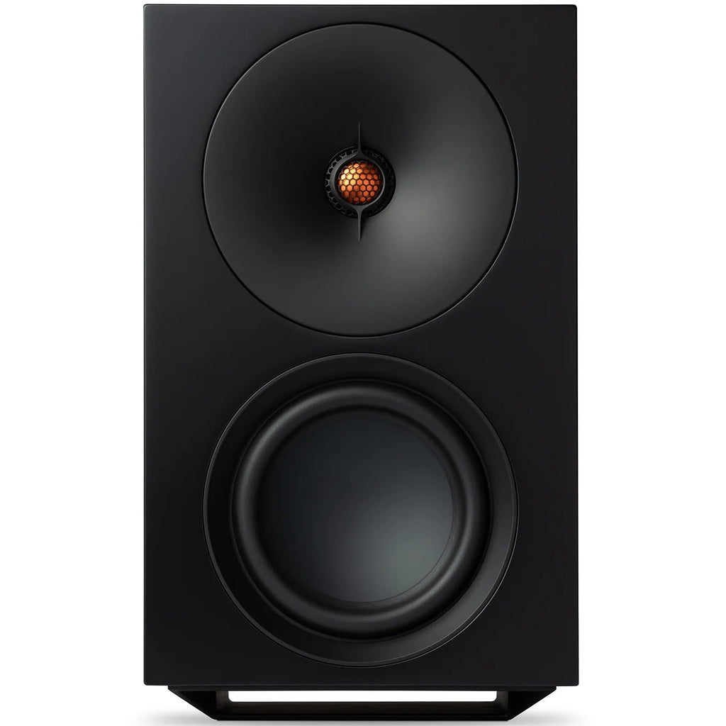 Cambridge Audio L/R X active bookshelf speakers, black, front view