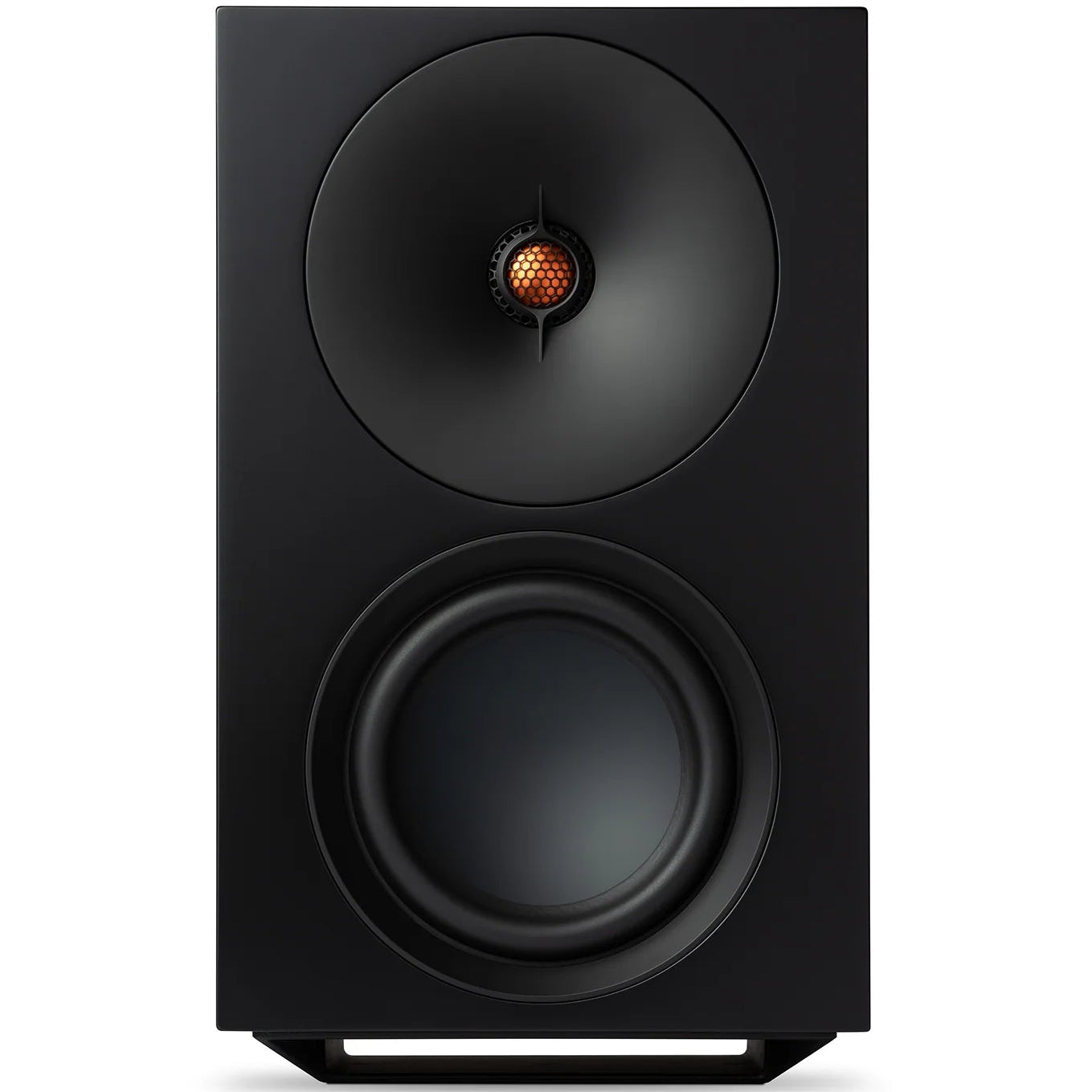 Cambridge Audio L/R X active bookshelf speakers, black, front view