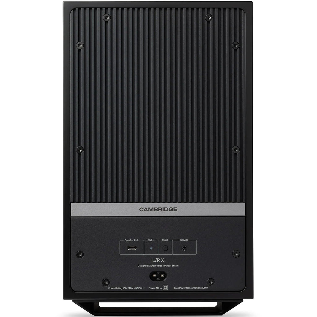 Cambridge Audio L/R X active bookshelf speakers, black, front view