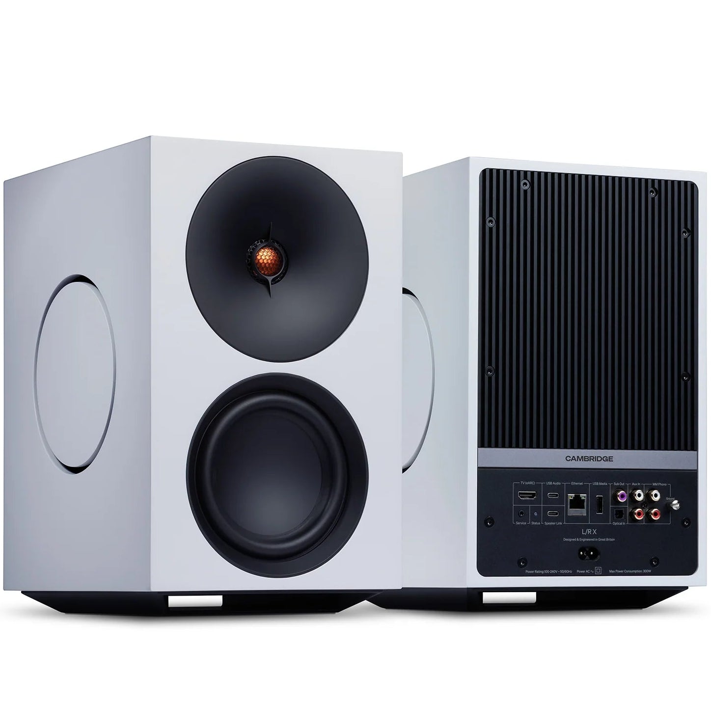 Cambridge Audio L/R X active bookshelf speakers, white, front view