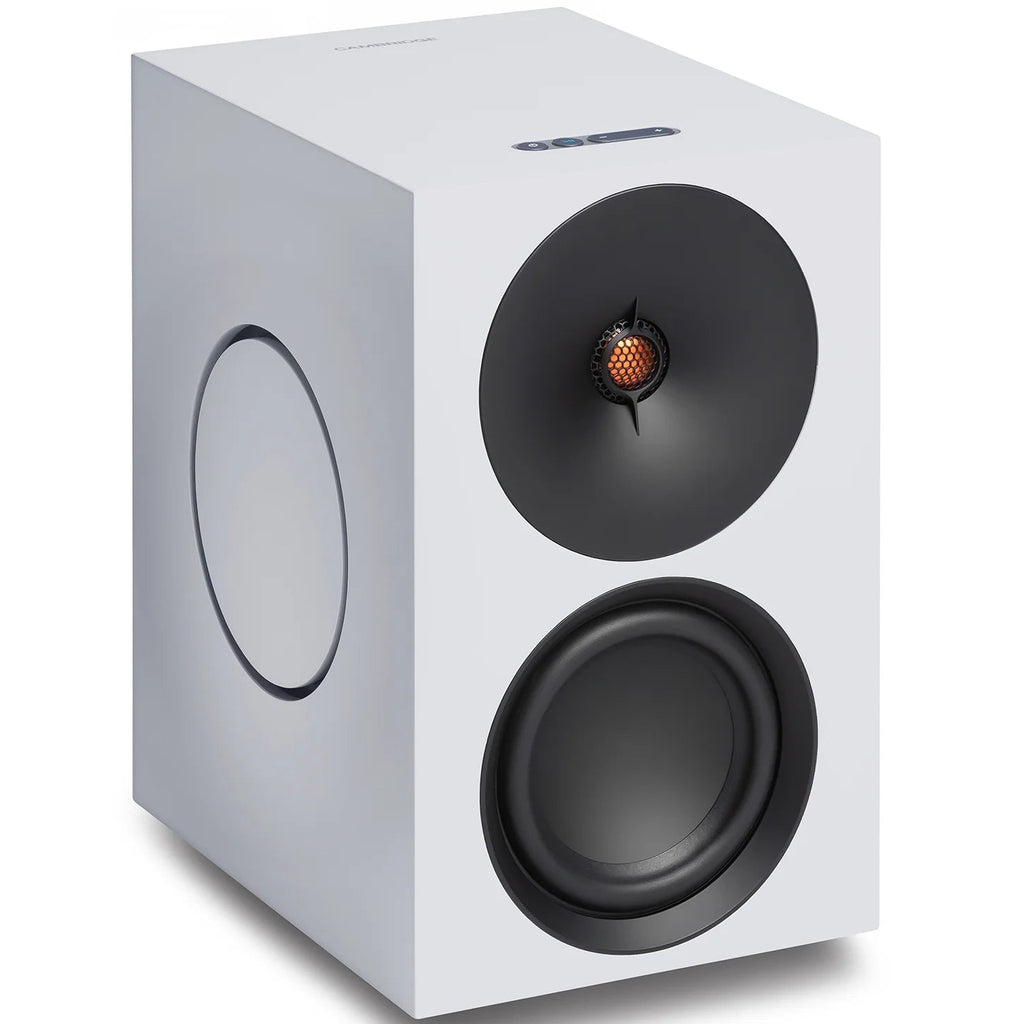 Cambridge Audio L/R X active bookshelf speakers, white, front view