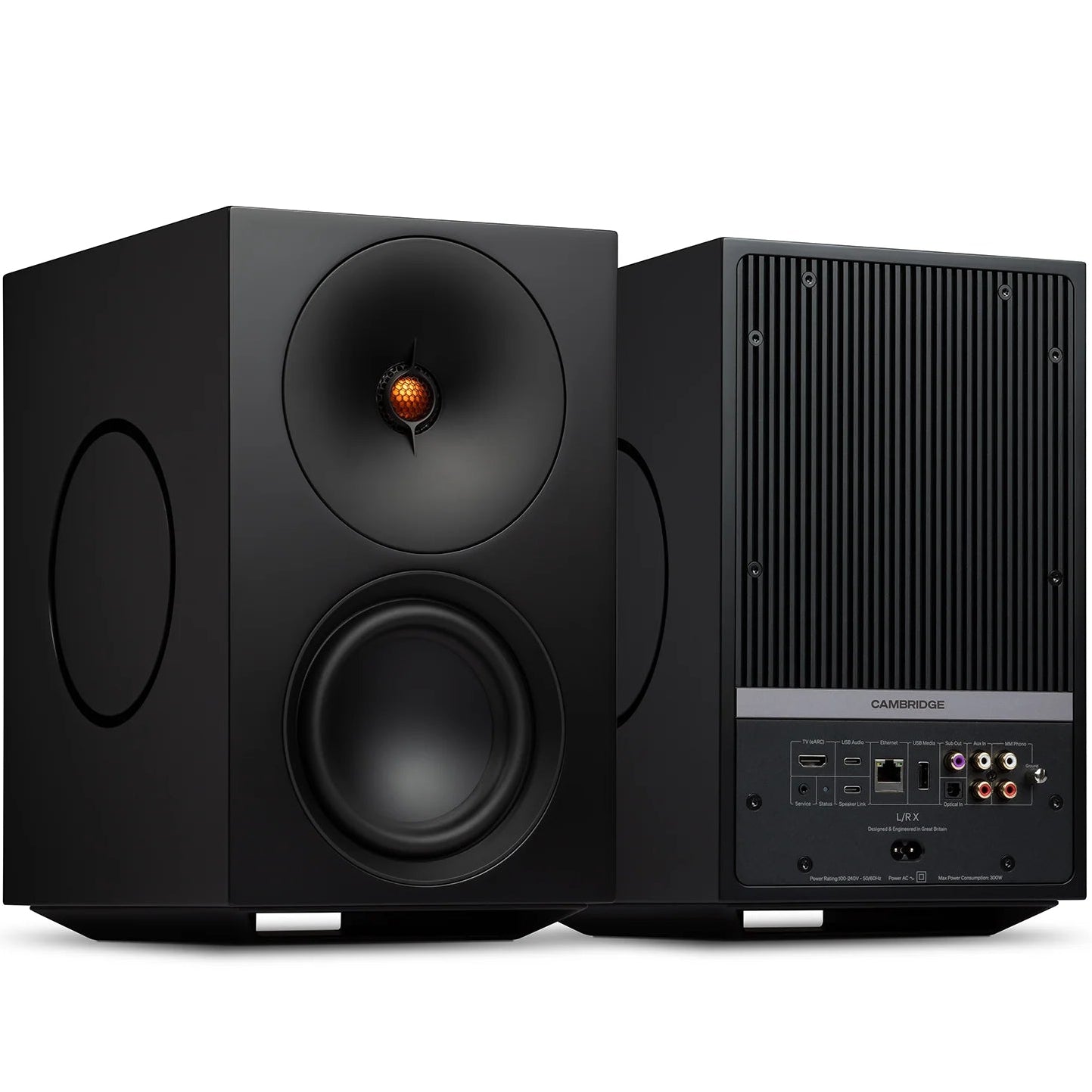 Cambridge Audio L/R X active bookshelf speakers, black, front view