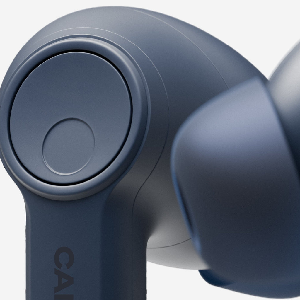 Cambridge Audio Melomania A100 SE earbud close-up detail, Blue
