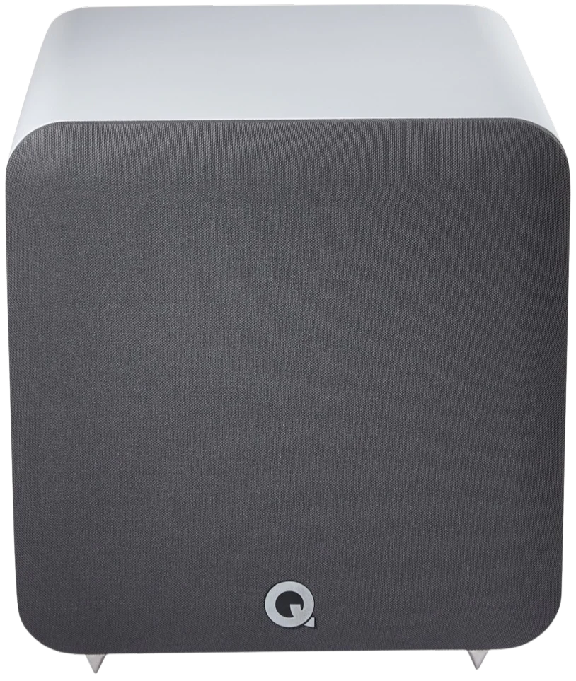 Q Acoustics Q SUB80 subwoofer with black finish, compact design, and sturdy construction, perfect for enhancing home audio systems.