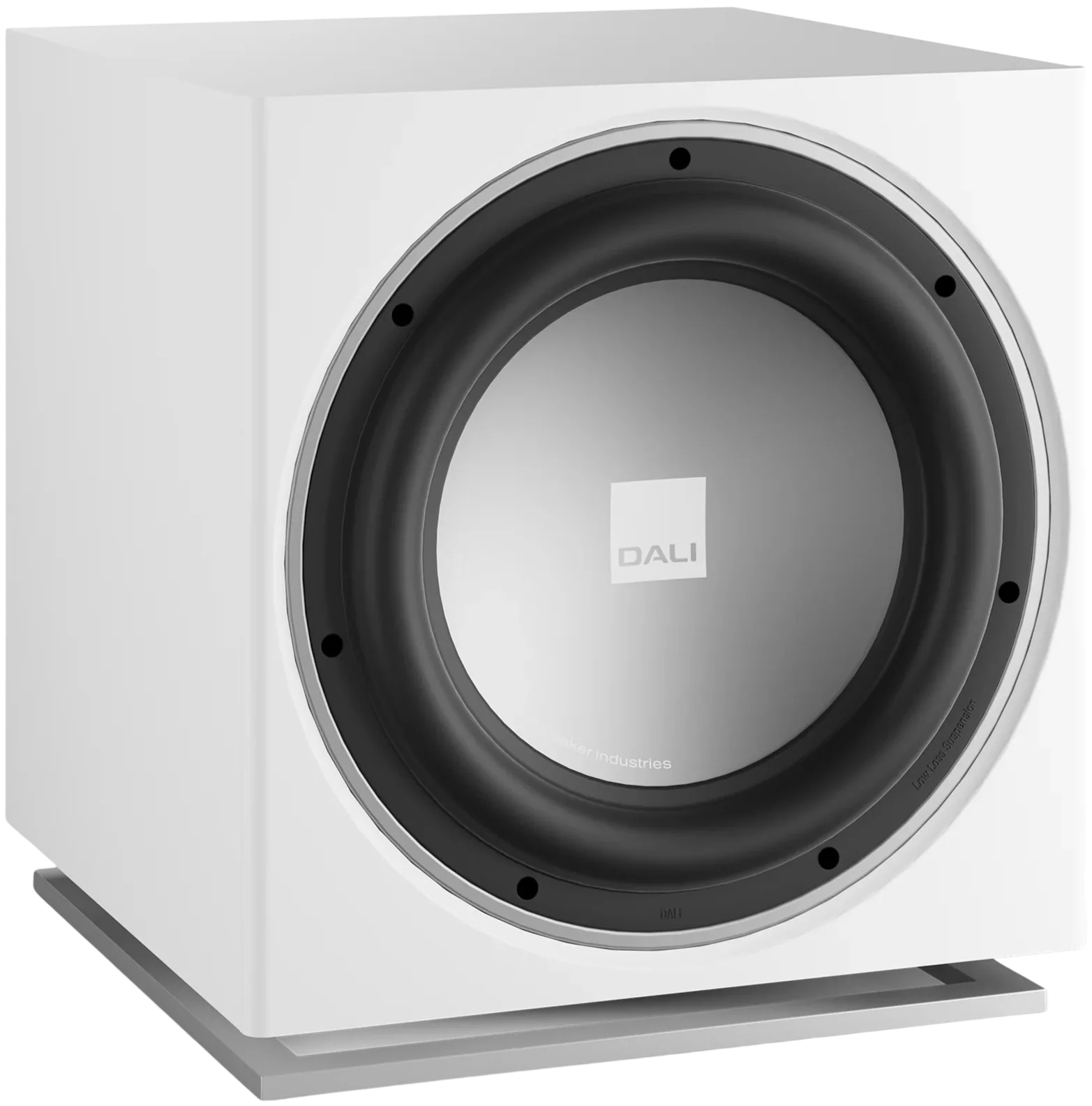DALI Sub E-12 F subwoofer with black enclosure and control panel, designed for deep bass in high-performance home audio systems.