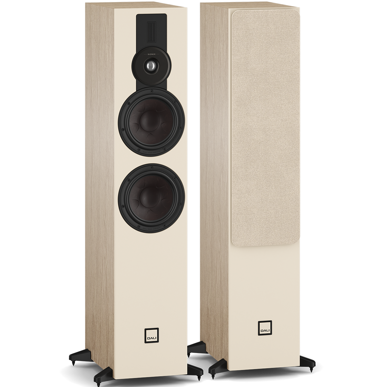 DALI Sonik 7 passive floorstanding speakers with sleek black cabinets and multiple drivers for high-quality sound in a home audio setup.