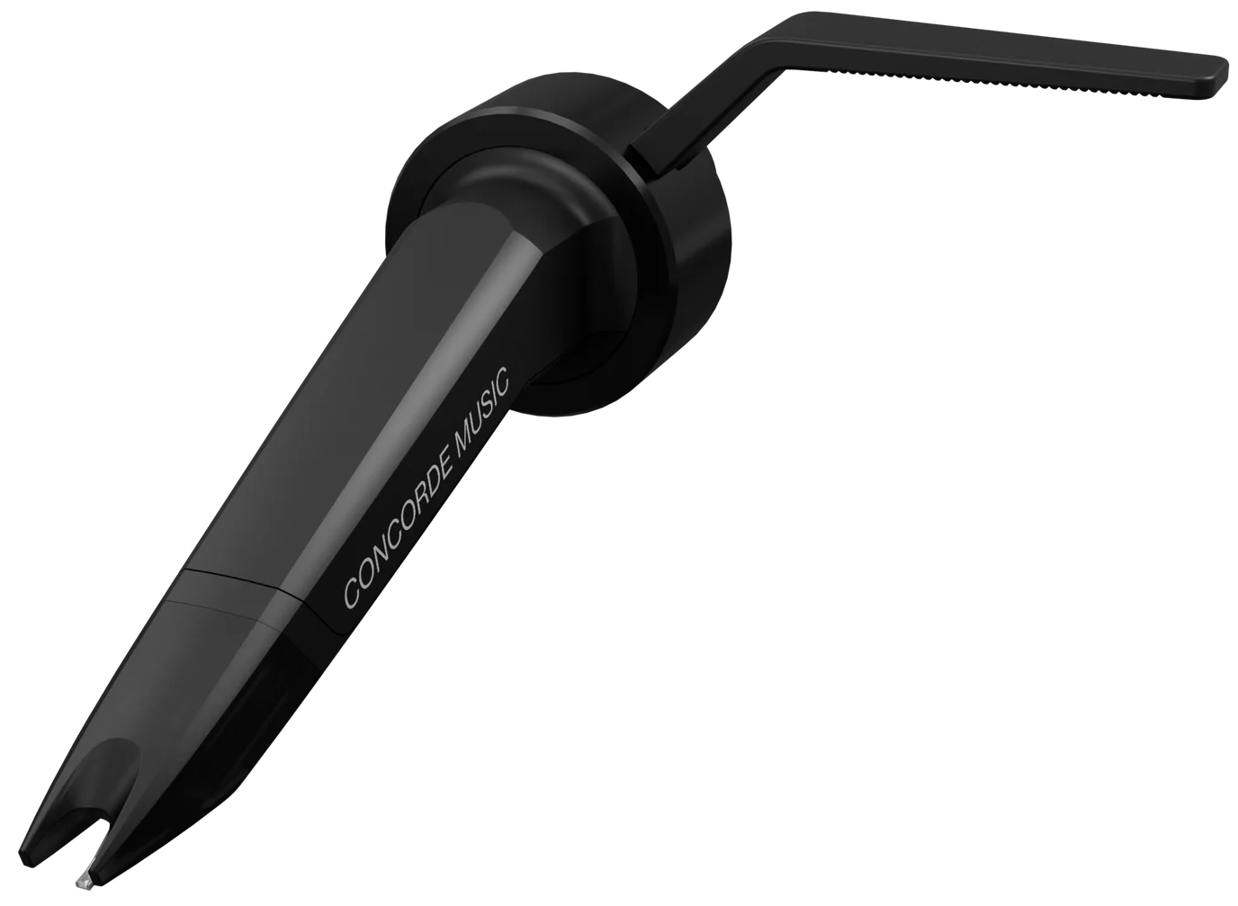 Ortofon Concorde Music Black turntable cartridge with black body and stylus, viewed from a left tilt angle.
