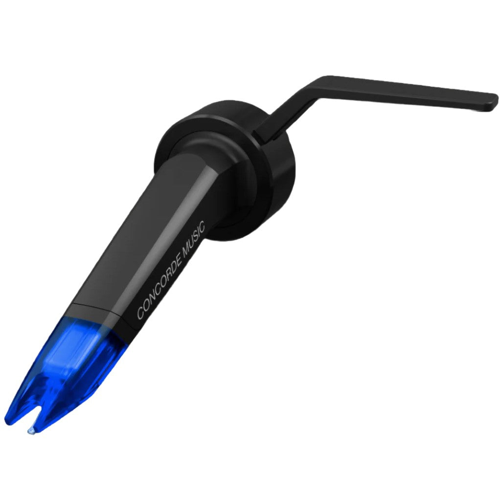 Ortofon Concorde Music Blue turntable cartridge with a blue stylus, shown from a left tilt angle on a turntable.