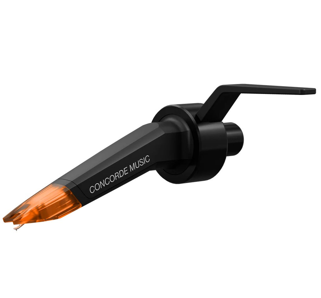 Ortofon Concorde Music Bronze turntable cartridge shown from left side, highlighting its bronze body and stylus.