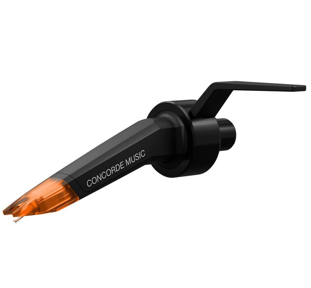 Ortofon Concorde Music Bronze turntable cartridge shown from left side, highlighting its bronze body and stylus.
