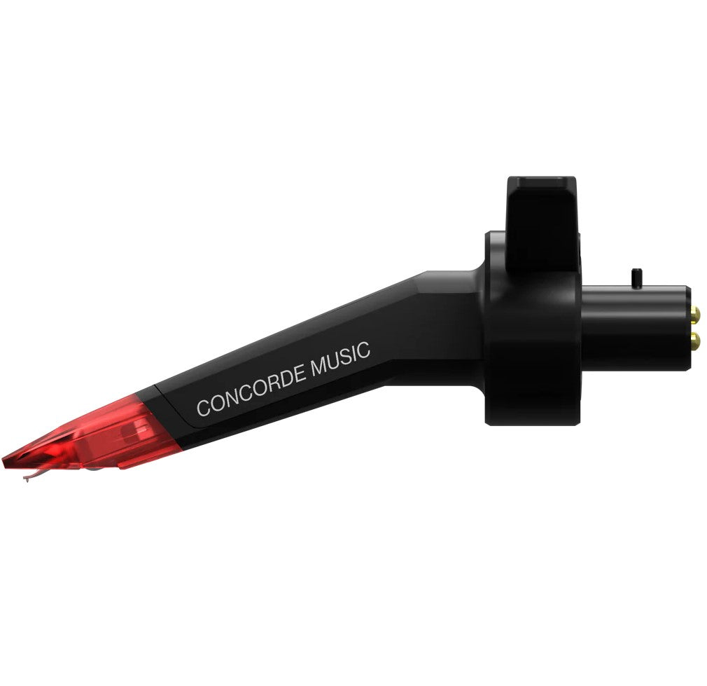 Ortofon Concorde Music Red turntable cartridge with red stylus and body, designed for high-quality vinyl listening.