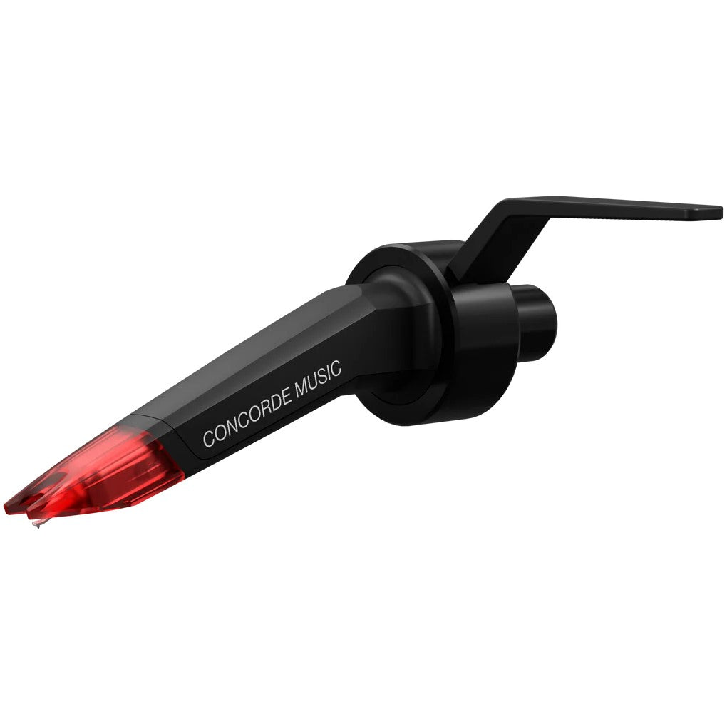 Ortofon Concorde Music Red turntable cartridge shown from a left side tilt, featuring a sleek red body and stylus for vinyl playback.