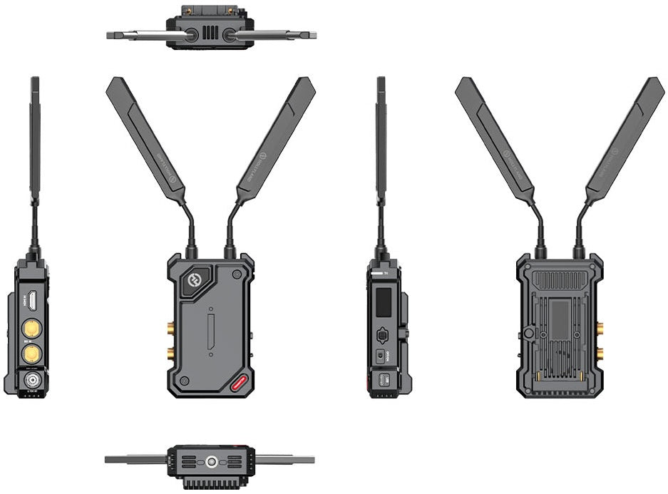 Hollyland Cosmo C2 wireless video transmission system with TX and RX units showing HDMI ports and compact design
