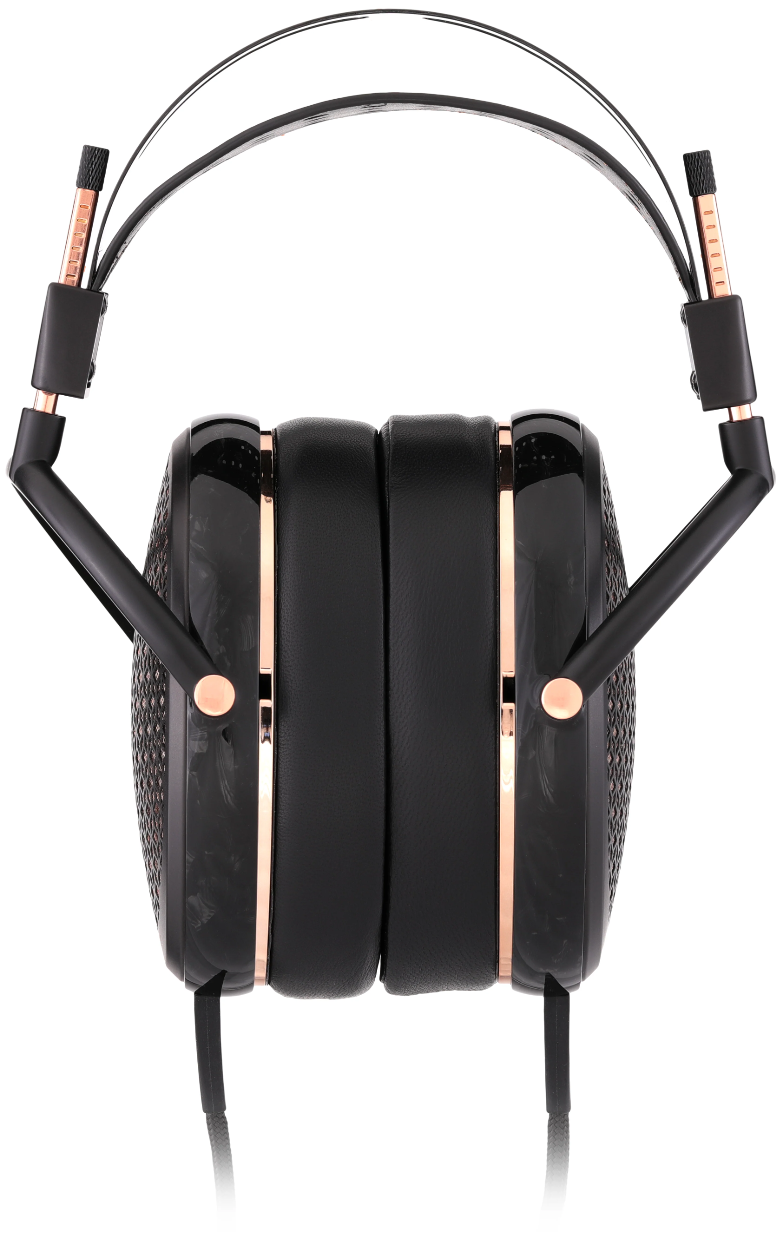 Audeze CRBN2 wired headphones with sleek black design, over-ear style, and cushioned ear cups, shown from the front.