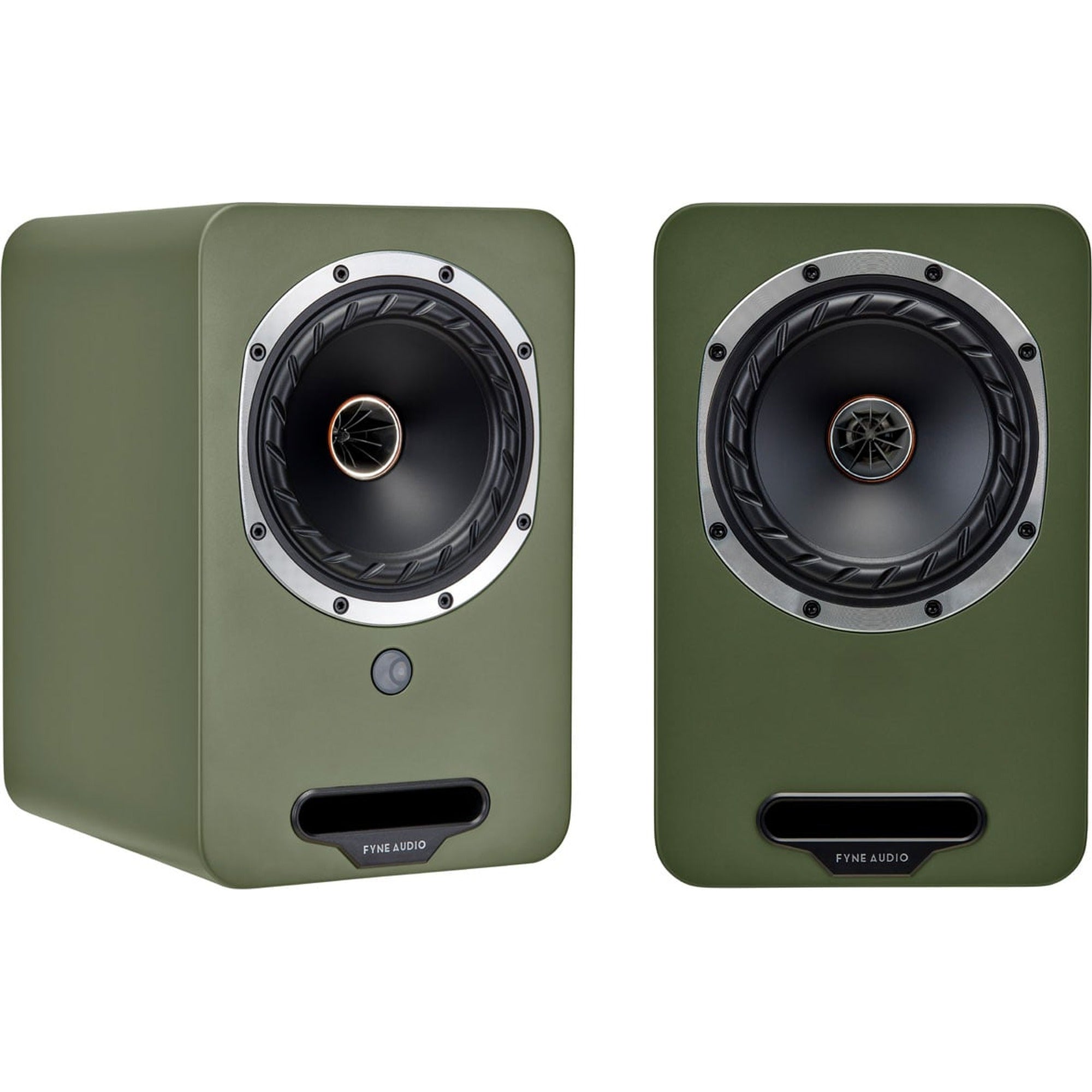 Pair of Fyne Audio Cubitt 5 active bookshelf speakers in olive green with sleek modern design.