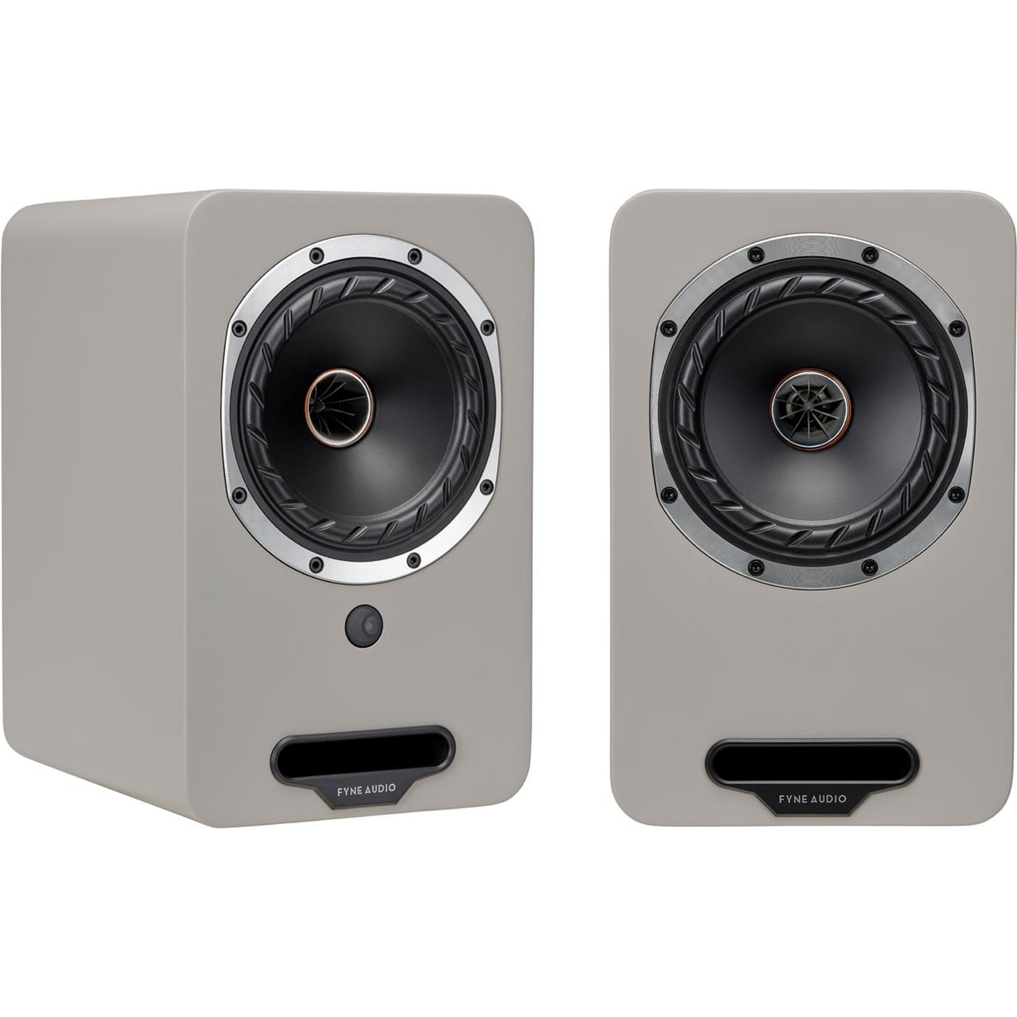 Pair of Fyne Audio Cubitt 5 active bookshelf speakers in pebble grey, showcasing sleek design and compact size for high-quality sound.