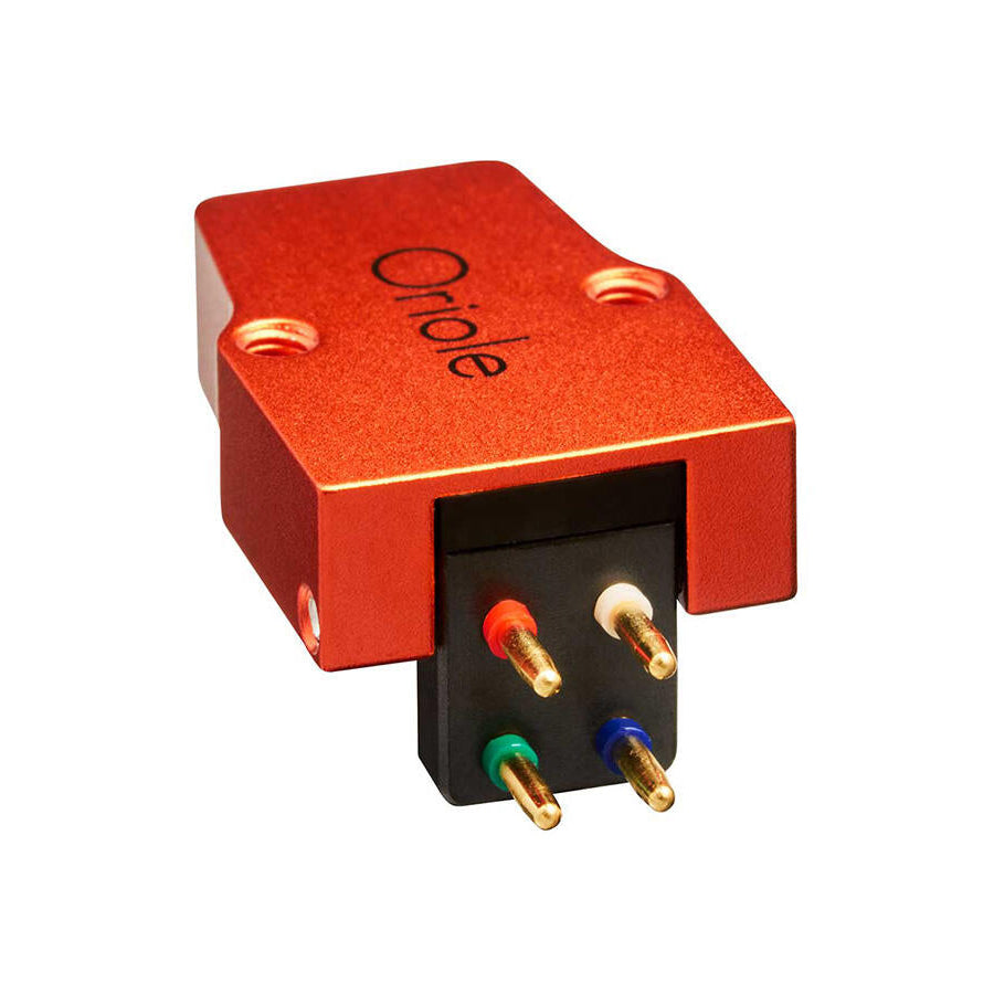 Sumiko Oriole MC turntable cartridge with stylus for high-quality vinyl playback, shown in close-up view.