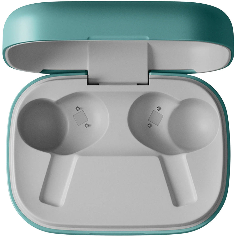 Wireless in-ear headphones from Bang & Olufsen Beoplay Eleven with black earbuds and sleek design on a white background.