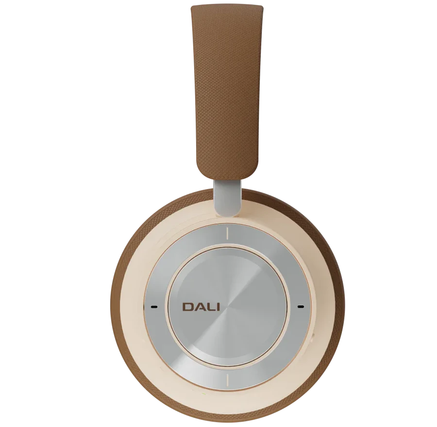 DALI Dali iO-8 wireless headphones in caramel white with cushioned ear cups and sleek design.